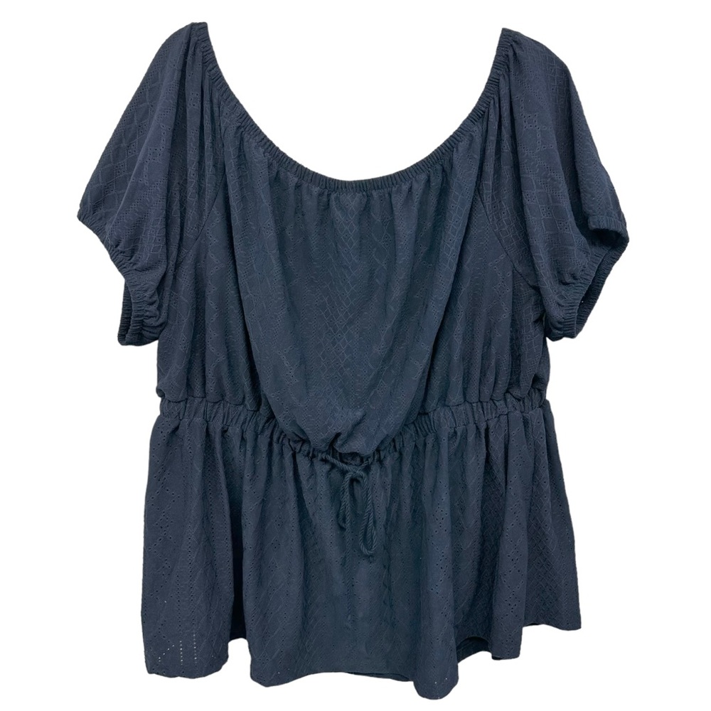 Lane Bryant Top Plus Sz 22/24 Navy Eyelet Gathered Neck Sleeve Drawstrin…